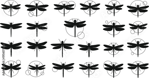 Dragonfly Silhouette Pattern Set with Minimal Insect Icons Geometric Circles and Decorative Flying Bug Elements for Modern Vector Design Collection