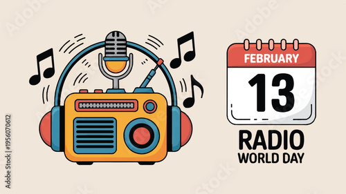 Radio world day celebration: vintage radio, microphone, and music notes illustration with calendar, old fashioned