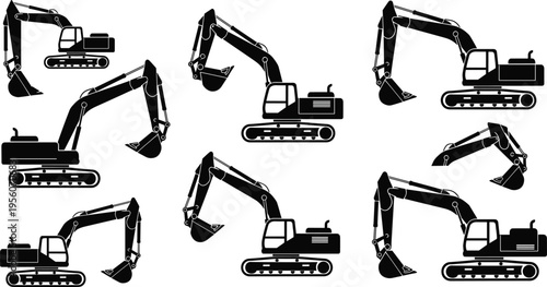 Excavator Construction Machinery Silhouette Set with Heavy Equipment Diggers and Industrial Vehicles for Building Engineering and Earthmoving Projects Vector 