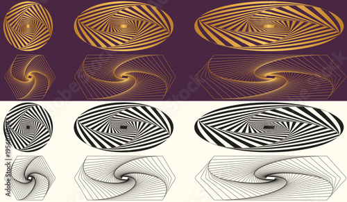 circules and polygons spiral geometric in black and gold on cream and dark backgrounds