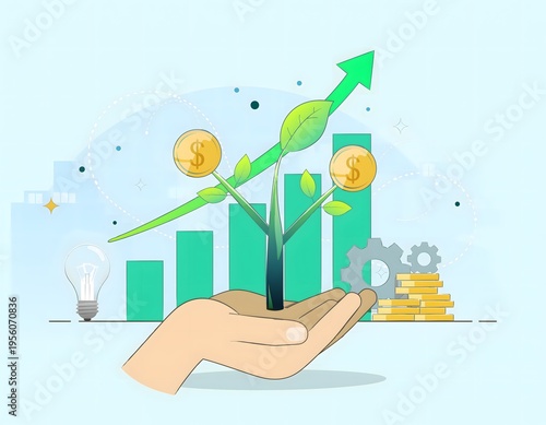 Successful Growth Business Strategy for Financial Development Outline with Human Hands Reaching for Conceptual Green Investment Tree Symbolizing Sustainable Corporate Success