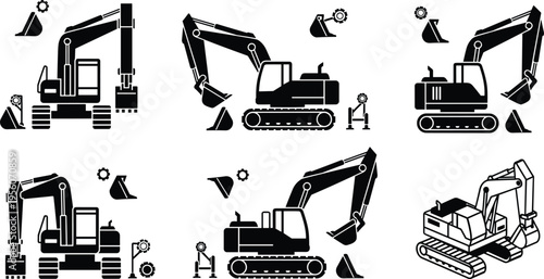 Excavator Construction Scene Silhouette Set with Hydraulic Diggers Workers and Heavy Machinery Equipment for Industrial Building and Engineering Vector Illustration Collection
