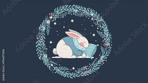 Peaceful scene of a cute white bunny sleeping on a pillow within a delicate winter wreath under a starry night sky.