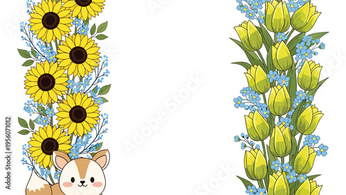 Vertical borders of vibrant yellow sunflowers and tulips with a small cute deer at the bottom of the left floral frame.