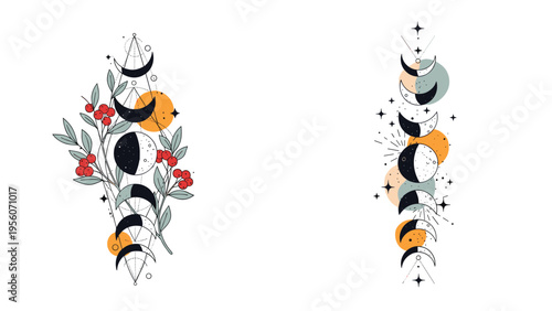 Pair of vertical celestial compositions featuring moon phases integrated with botanical branches and red winter berries for mystical art.
