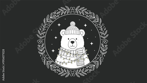 Minimalist white line art illustration of a polar bear head wearing a winter hat and scarf inside a circular botanical wreath.