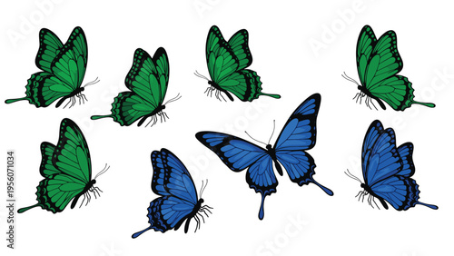 Beautiful collection of green and blue swallowtail butterflies flying in different orientations against a clean white background.
