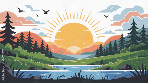 Stylized sunrise over a calm river valley with pine trees and birds flying, landscape illustration