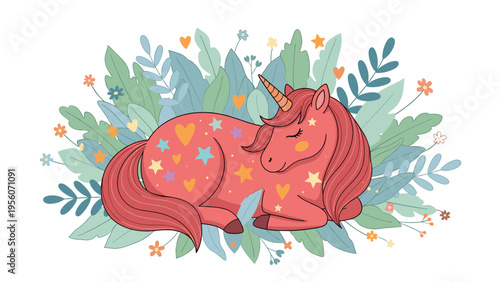 Magical red unicorn sleeping peacefully in a lush bed of blue and green leaves decorated with small orange flowers and hearts.