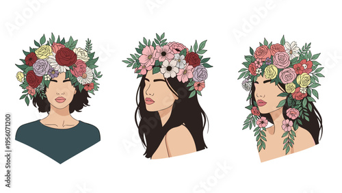 Three artistic portraits of women with elaborate and vibrant floral crowns made of roses and spring blossoms.