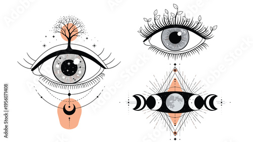 Three intricate mystical designs featuring eyes with lashes moons stars and a tree growing from an eye for spiritual concept.