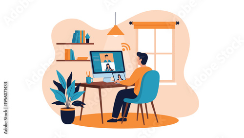 Man sitting at his desk working from home and participating in a video call with coworkers on a computer monitor screen.