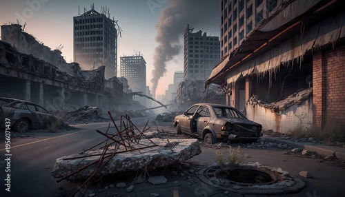 Ruined Cityscape at Apocalypse Dawn with Urban Decay Destructured Skyscrapers and Post-War Desolation Under Eerie Morning Light for Cinematic End of World Concept