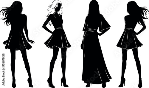 Fashion silhouettes of elegant women in stylish dresses and high heels posing for glamour shopping beauty and apparel vector illustration