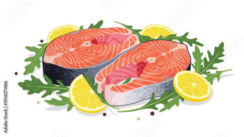 Two fresh raw salmon steaks served with lemon slices green arugula leaves and black peppercorns on isolated white background.