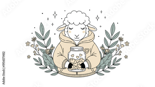 Cute sheep wearing a jacket and holding a glass jar filled with many small hearts surrounded by beautiful botanical leaves.