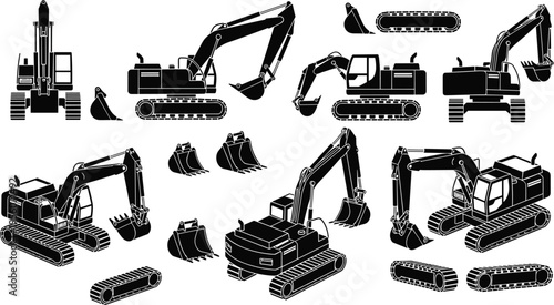 Excavator Parts and Machinery Silhouette Set with Hydraulic Diggers Buckets Tracks and Heavy Construction Equipment for Industrial Engineering Vector Collection