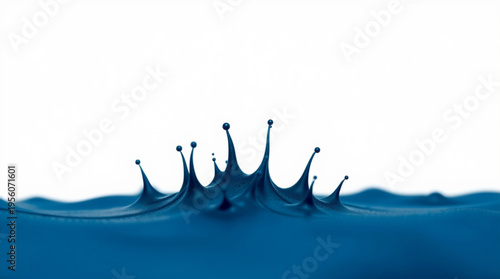 Deep blue liquid surface with a crown-shaped splash from droplet impact, sharp upward jets holding tiny beads, pure whit