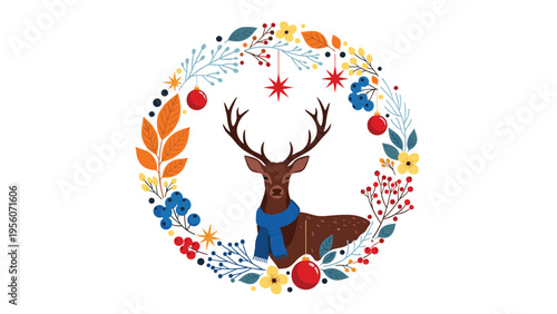 Majestic deer head inside a large circular wreath of winter leaves berries and holiday ornaments for festive seasonal card.