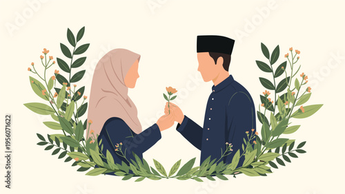 Young Muslim couple in traditional attire sharing a romantic moment as the man gives a flower to the woman in a floral frame.