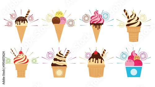 Selection of colorful ice cream cones and sundaes with different flavors and toppings for summer dessert and sweet treat promotions.
