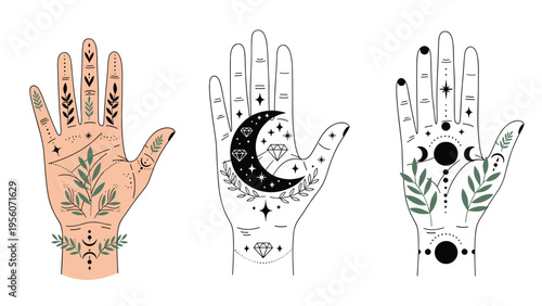 Mystical hands decorated with celestial and botanical tattoos including moon phases and leaves for spiritual and esoteric design projects.