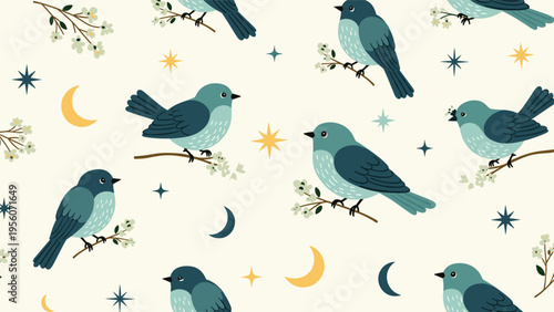 Charming seamless pattern of blue birds perched on flowering branches with crescent moons and stars in a whimsical night sky.