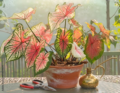 Vibrant Colorful Caladium Plant Leaves with Intense Pink and Green Patterns Known as Queen of the Leafy Plants for Tropical Garden and Home Decor Concept
