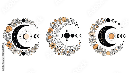 Elegant set of celestial moon phase circles decorated with delicate flowers and stars for astrological and bohemian art designs.