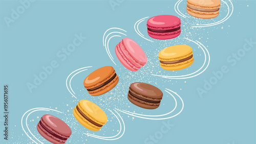 Assorted colorful macarons floating in a dynamic swirling motion on a light blue background for bakery and sweet dessert concepts.