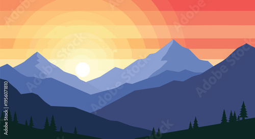 A beautiful minimalist vector illustration depicting a peaceful mountain range at sunrise or sunset with vibrant layered sky and evergreen trees in