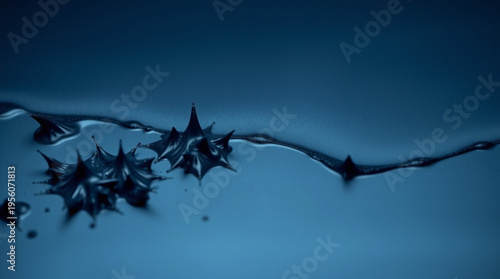 Deep blue liquid surface with sharp splashes forming crystal-like or anemone structures, interwoven light and shadow cre