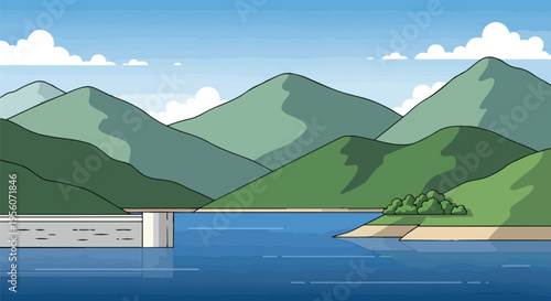 Vibrant cartoon landscape featuring a majestic dam, serene lake, and towering green mountains under a clear sky