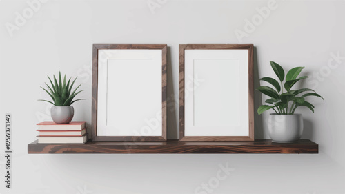 Wooden shelf with two empty picture frames, books, and potted plants, offering a natural and minimalist display, copy space