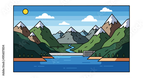 A captivating vector landscape illustration depicting majestic snow-capped mountains, a winding river feeding a serene lake, and a hydroelectric dam