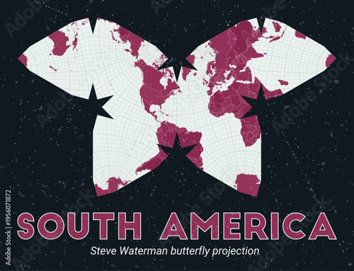 South America. World map. Steve Waterman butterfly projection centered to South America. Pale Mint Dark Pink palette. Vintage texture. Modern vector illustration.