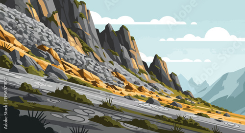 Rugged mountain slope with geological features and serene sky. A natural scene showcasing rock formations and sparse plant life, perfect for outdoor