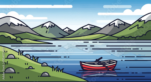 Flat design illustration of a tranquil mountain lake with a red rowboat, surrounded by verdant hills and snow-dusted peaks under a clear sky, an