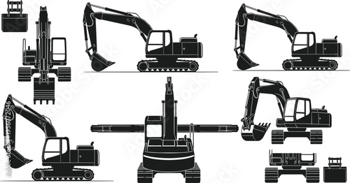Excavator Silhouette Set with Heavy Construction Machinery Vehicles and Hydraulic Diggers for Engineering Industrial Equipment and Building Site Vector