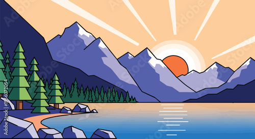 Stylized mountain landscape at dawn over a peaceful lake with evergreen trees. A serene vector illustration depicting a beautiful natural vista at