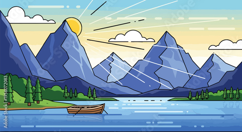 A tranquil illustration of majestic mountains meeting a calm lake at sunrise featuring a solitary rowboat anchored near lush pine forests depicting