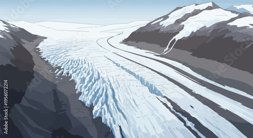 Panoramic view of a majestic ice glacier flowing through a rugged mountain valley Illustrative representation of a vast, frozen river of ice nestled