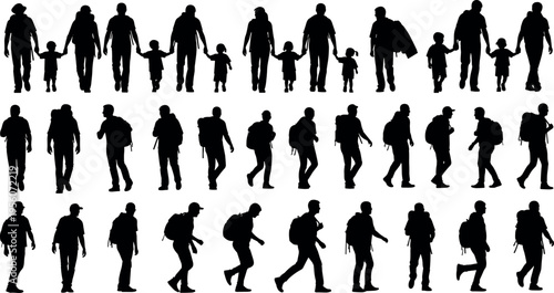 Set of silhouettes representing diverse groups of people hiking walking and traveling with backpacks families with children and solo backpackers