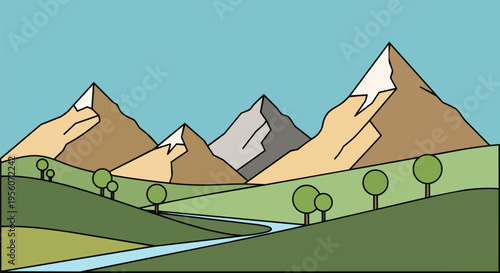 Stylized vector landscape with majestic snow-capped mountains, vibrant green rolling hills, a meandering river, and minimalist trees under a broad