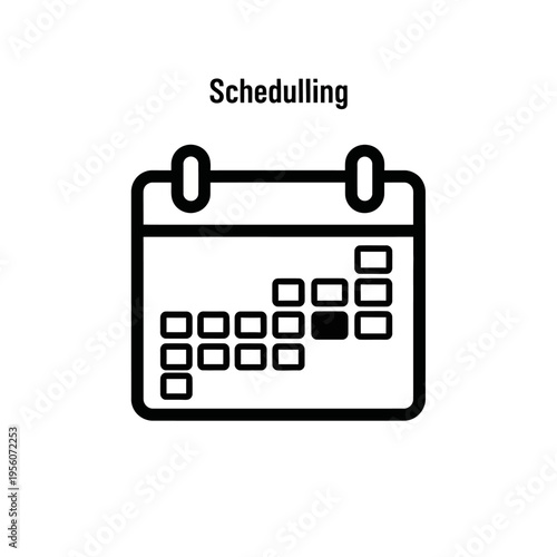 A simple black and white line drawing of a calendar icon with the word 'Scheduling' above it, representing time management and planning.