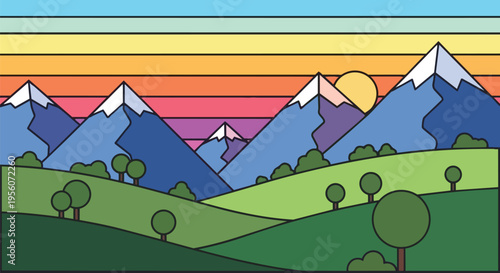 Vibrant vector landscape: abstract snow-capped mountains, green rolling hills, simple trees, colorful striped sunset sky. Serene modern natural