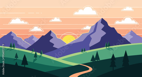 Serene flat design mountain landscape at sunset with winding path and lush hills