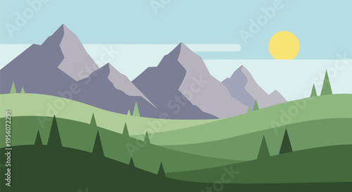 Vibrant minimalist mountainous landscape featuring green rolling hills and evergreen trees under a bright morning sun