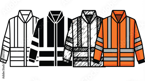 Four distinct styles of high-visibility work vests and jackets with reflective details with safety vest