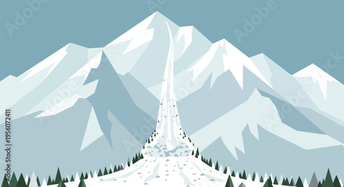 Winter mountain landscape with dramatic avalanche scene in flat vector art style under a serene blue sky and evergreen trees below majestic peaks